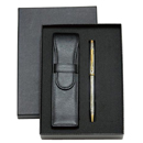 CROSS新世紀金鉻原子筆+水波紋真皮二支裝筆套禮盒